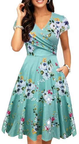 oxiuly Women's 2026 Spring Floral Maternity Clothes Nursing Dresses for Women Summer Business Casual Office Work Fashion V Neck Midi Dress with Pockets OX296 Green Flower XXL