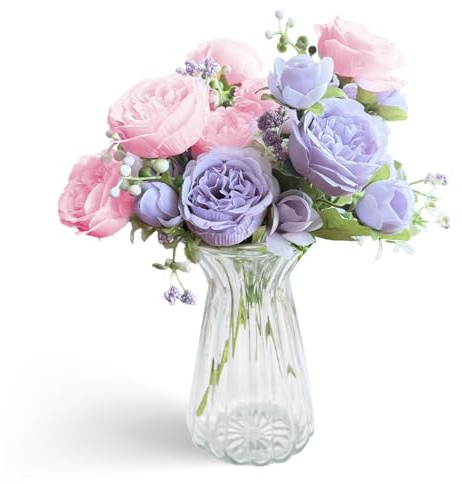 Konstgjorda pioner, 30 cm 3 knippen pionbukett konstgjorda blommor sidenpioner konstgjord blombukett för bröllopsfestdekoration, rosa-lila