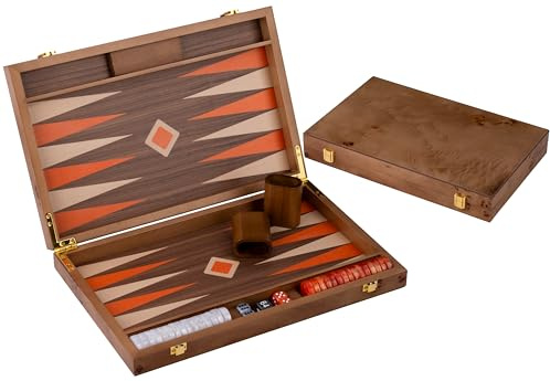 Engelhart-250548 – Backgammon en Bois 15 Pouces (38 cm) Valise Luxe en Bois de Ronce Incrustation en Noyer – Ouvert 48 × 38 cm – Pions Orange/Blanc – Dés et Gobelets – Jeu de Société Strategie