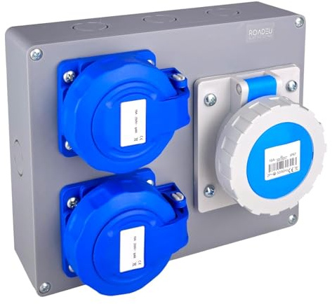 RoadEu – Quadro di Distribuzione Stagno IP67 | 2x Presa Schuko 230V + 1x Presa Industriale CEE 16A 3P | Scatola da Parete Pre-cablata 2,5 mm² per Esterno e Cantiere