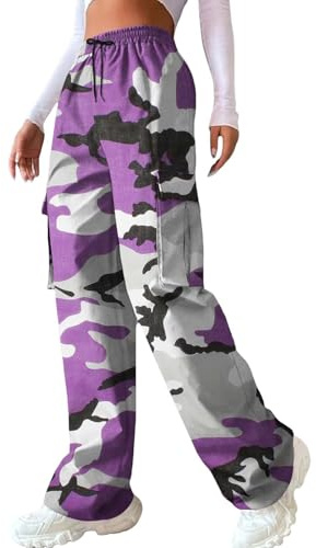 Lounge Pants Women Women's Casual Camouflage Print Cargo Pants Stretch Elastic Waist Tapered with Pockets Womens Casual Leggings Stretchy High Waist Warm Trousers for Women UK