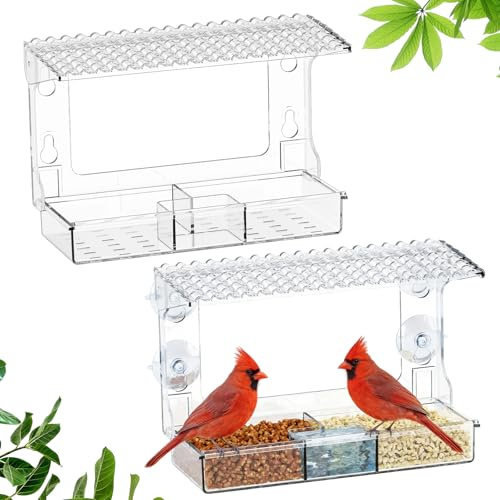 Sporgo Lot de 2 mangeoires pour oiseaux : mangeoire transparente pour oiseaux sauvages, fenêtre avec abreuvoir pour oiseaux, résistant aux intempéries, mangeoire pour oiseaux avec ventouses pour
