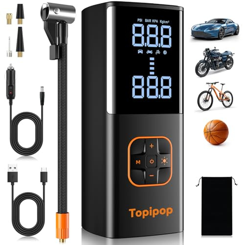 Topipop Compressore Aria Portatile 150 PSI, Pompa Elettrica per Bicicletta a Batteria per Auto/Bici/Moto/Palloni, Mini Compressore Portatile con 4 Modalità, Include Powerbank e Luce di Emergenza, Nero