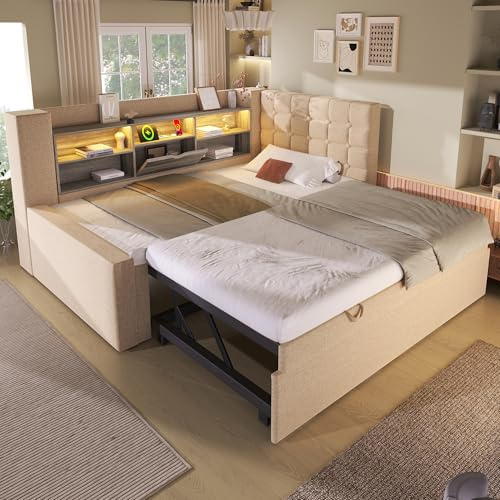 VIVCA Cama tapizada de 90 x 200 cm con cama nido de 90 x 190 cm, iluminación LED, cama de almacenamiento, cabecero en forma de L con espacio de almacenamiento, montaje por ambos lados, somier, lino