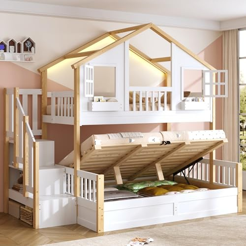 Xwiny Kinderbett 90/140x200 cm mit LED und Hydraulischem Unterbett, Etagenbett mit Stauraumtreppe und Fenster-Form, Stauraumbett, Holzbett, Hochbett aus Massivholz(Ohne Matratze)