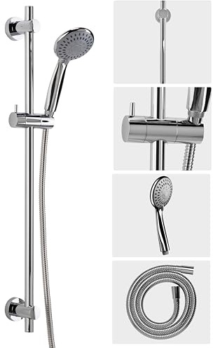 Croydex Flexi-Fix Chrome Shower Riser Rail Kit - Shower Handset with 5 Spray Patterns and Rub Clean Nozzles, Adjustable 800mm Rail, Reinforced 1500mm Shower Hose, Universal Holder, Water Saving