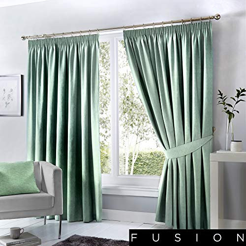 Fusion Dijon Blackout Pencil Pleat Lined Curtains, Duck Egg, 90 x 72 Inch
