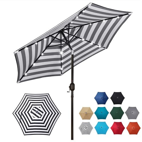 Blissun Parasol solaire de 2,3 m avec 18 LED pour table de marché, parasol d'extérieur avec inclinaison et manivelle, parasol d'extérieur pour jardin, terrasse, jardin, piscine et plage (noir et