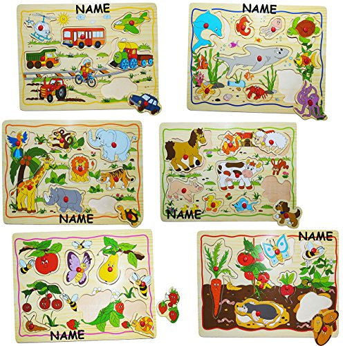 alles-meine.de GmbH 3 BRETTER Steckpuzzle mit Griffen - Tiere/Fahrzeuge oder Früchte - incl. Name - aus Holz - großes Holzpuzzle/Einlegepuzzle - Griff Legespiel - Rahme..