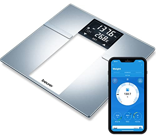 Beurer BF720 Smart Scale for Body Weight, Body Fat, Body Water & More – 400 lb Capacity, Bluetooth App, Calorie Data, User Recognition, XL LCD Display, Glass Digital Bathroom Scale – Grey