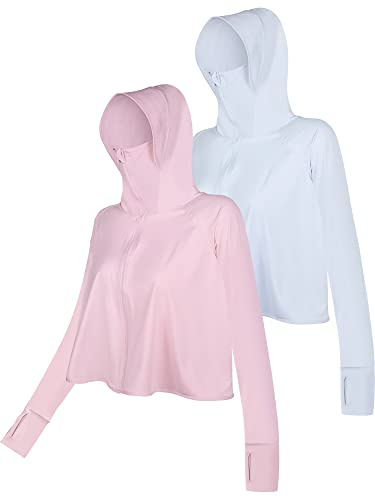 Hercicy 2 Pcs Women's Sun Protection Jacket Hoodie with Mask UPF 50+ Lightweight Full Zip Long Sleeve UV Shirt for Outdoor(Medium,Blue, Pink)