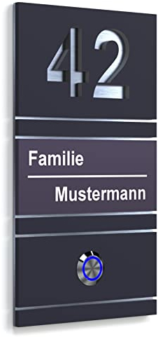 YONOX Modernes Edelstahl Klingelschild Hausnummer + Name mit LED-Taster - Stilvolle Eleganz für Ihr Zuhause - präzise Gravur - personalisierbar - Acrylglas Anthrazit - Edelstahl