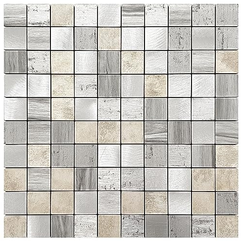 BeNice Selbstklebende Fliesen Küche,Fliesenaufkleber Bad Aufkleber Fliesen Wandplatte aus Metall Selbstklebendes Mosaik(Quadratisch Grau,10Stück)
