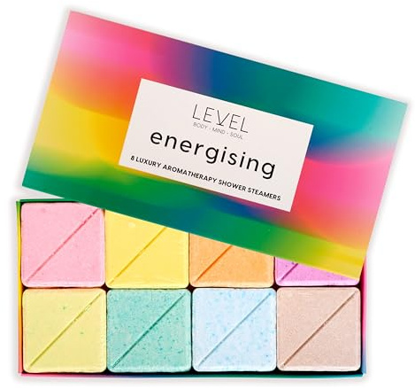 Level Body Mind Soul - Aromatherapy Shower Steamers - Energising, 8 Pack - Birthday Gifts for Women - Shower Bombs with Multiple Fragrances - Self Care Relaxation, Body Restore, Sinus Relief Vapour