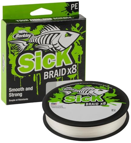 Berkley Sick Braid Fil de pêche tressé, 8 brins, 150 m, pour la pêche en eau douce ou en mer en eau salée, blanc ou noir