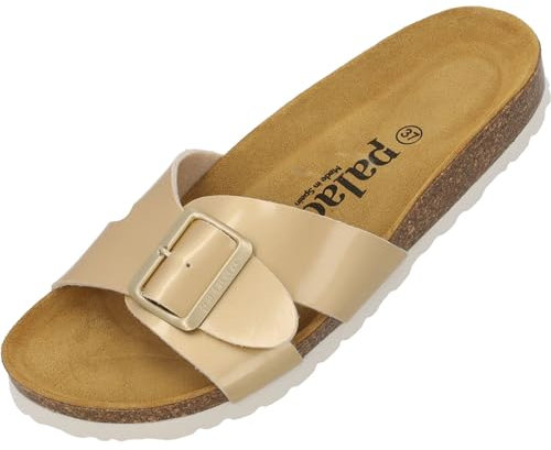 Palado Pantoletten Damen Tinos - bequeme Sandalen Made in Spain - elegante Hausschuhe mit Kork-Fußbett - modische Sommerschuhe Gold Lack UK7 - EU40