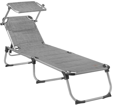 CampFeuer Sonnenliege mit Dach | Grau Meliert | Alu Campingliege, Liegestuhl, Relaxliege | Gartenliege mit Sonnendach, Angelliege, Strandliege verstellbar | Klappliege, Terassenliege, Outdoorliege