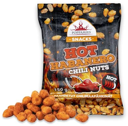 Poppamies Het Habanero Chili-jordnötter – Kryddstarka jordnötter är ett utmärkt val som mellanmål. Glutenfritt, Laktosfritt, Vegan - Starkhetsgrad: Stark - 150 g