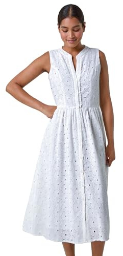 Roman Floral Cotton Broderie Midi Dress for Women UK - Ladies Spring Everyday Summer Holiday V-Neckline Comfy Sleeveless Soft Fit & Flare Frock Vacation Gowns - White - Size 20