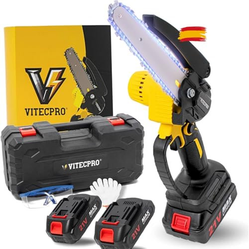 Vitecpro® Mini Motosierra de Batería – Mini Sierra Eléctrica de Mano 800W, 4000mAh, 2 Baterías con Guantes y Gafas de Protección, Motosierra Pequeña Portátil para Podar Árboles y Jardinería, Corte 8CM