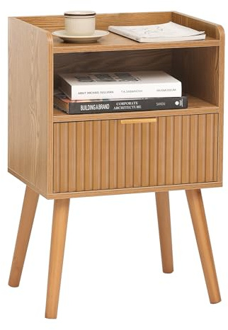 AWASEN Fluted Nightstand, Mid Century Modern Bedside Table with Storage Drawers, Wood Night Stand Bed Side Table with Solid Wood for Living Room, Bedroom, Office and Small Space (Brown)