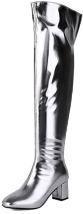 HQINGAXU Femmes Bottes Hautes À Talon Bloc Carré Hiver en Cuir PU Élégantes À Fermeture Éclair Latérale Couleur Unie avec Stretch Talons Hauts Bottes Jusqu'au Genou,Argent,43 EU