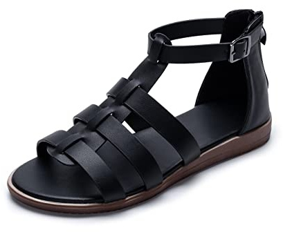 Ophestin Womens Roman Sandals Gladiator Flat Sandals Strappy Ankle Strap Summer Sandals Black Size 7uk