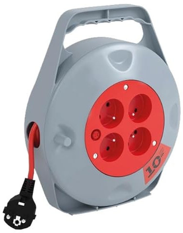 DEBFLEX - Mini-Enrouleur Electrique - Multiprise 4 Prises avec Rallonge Electrique Enroulable - Idéal Bricolage & Usage Domestique - Câble Alimentation 10 Mètres - Gris/Rouge