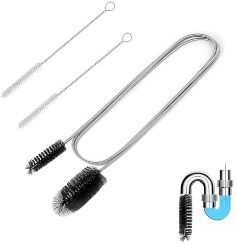 POPSKEETER Set di spazzole per la pulizia dei tubi con doppia testa (2 m) + 2 spazzole per tubi (20 cm) – Spazzola di scarico flessibile per tubi, scarichi, acquario e casa (nero)