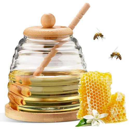 Bcuuozeeing Bocaux à miel avec cuillère et couvercle, 500 ml avec cuillère à miel, pot à miel avec cuillère, pot à miel, pot à miel, pot à miel, distributeur de miel avec cuillère et couvercle