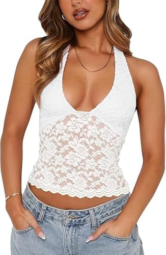 Sukiglam Canotte Donna Elegante Halter Top in Pizzo Estiva Senza Maniche con Scollo a V Canotta Corto Sexy Slim Fit Canottiera Y2K Gilet Schiena Scoperta Crop Tops per Party Discoteca Outfit