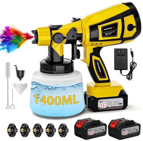 Cordless Paint Sprayer with Battery 2 of 4000mAh, 5 Nozzles & 3 Adjustable Spray Modes, Spray Paint Gun with 1400ML Container, Handheld Paint Sprayer for House Painting Furniture Cabinets Fence Wall