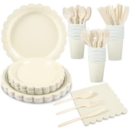 Xiangqu 25 Set Party Plates and Cups and Napkins Ivory Scalloped Dinnerware