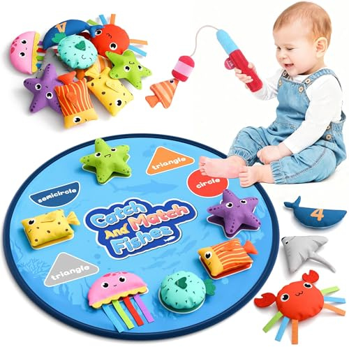 Coogam Montessori-leksak från 1 år, fiskespel av tyg för småbarn, sortera färger och lära sig forma, babyleksak från 6–12–18 månader, 1 födelsedag
