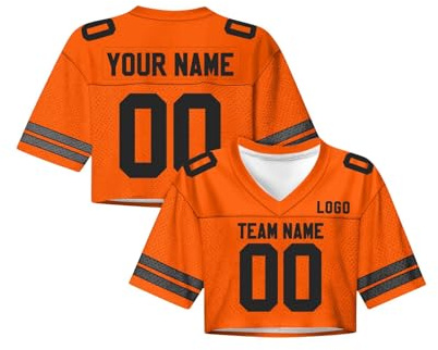 Maillot de Football Américain Personnalisé Nom/Numéro Femmes, Tenue de Pom-Pom Girl, Crop Top Y2K Streetwear Filles, Haut Court Manches Courtes Encolure V – Trendy pour Pom-Pom/Fans