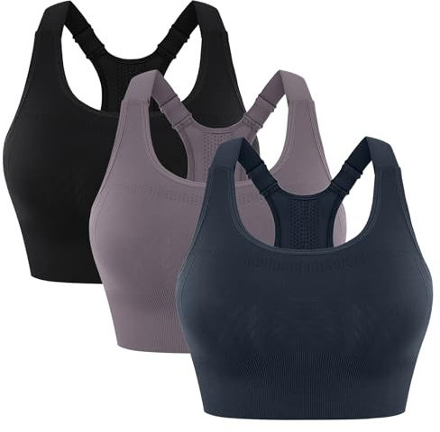 Leversic Top Palestra Donna Reggiseno Sportivo Donna con Spalline Larghe Regolabili Schiena Reggiseni Sportivi a Racerback Supporto Medio-Alto Running, Fitness, Yoga Nero+Viola+Blu M