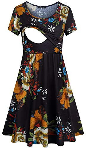 Quinee Motherhood Maternity Dress,Ladies Short Sleeve Fashion Flower Double Layers A Line Postpartum Clothes with Discreet Breastfeeding Knit Stylist Nursing Mama Summer Wear Black L