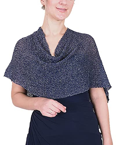 Ikat Mimosa Mujer Poncho Pequeño de Encaje Elástico Alas de Murciélago Cabo de Punto de Ganchillo Color Liso (Talla única, Navy Silver)