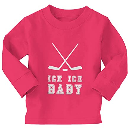 Ice Ice Baby - Crossed Hockey Sticks Long Sleeve Toddler Cotton Jersey Shirt (Pink - Long Sleeve, 3T)