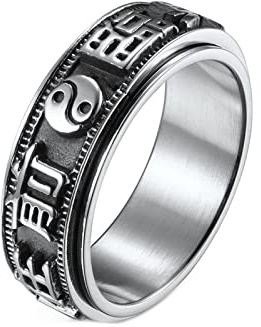 Mesnt Anillo de ansiedad, 8 mm, vintage, Yin Yang, mantra chino, antiestrés, anillo giratorio, plateado, Metal, Sin piedra preciosa