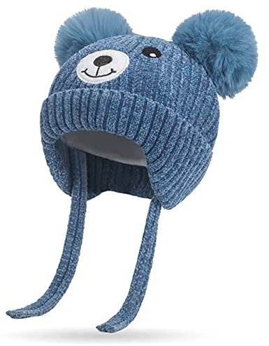 KEELYY Baby Mütze Beanie Strickmütze Herbst Wintermütze Süßer Bär Hut mit Earflap und Bindebändern Warm Hat für Jungen Mädchen