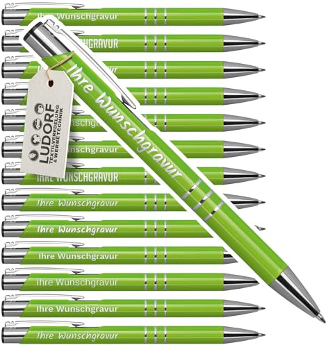 #teamludorf 50x DELTA UNI LACKIERT Metall-Kugelschreiber mit Wunsch-Gravur - Personalisierte Kulis - Stift mit Namen - 16 Farben & 20 Schriftarten - 50 Stück - Apfelgrün