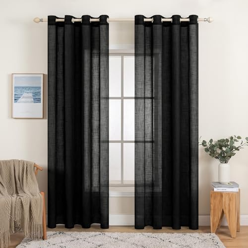 MIULEE Tende Lino Trasparenti Nero con Occhielli, 2 Pannelli 140L x 280A cm - Tende Soggiorno & Camera da Letto Filtranti Luce per Interni