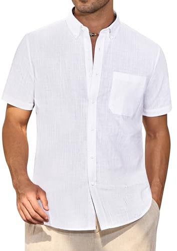J.VER Men's White Linen Shirts Short Sleeve Button Down Regular Fit Solid Shirt Shrink Free Lightweight Casual Summer Holiday Beath Shirts with Pocket 2XL