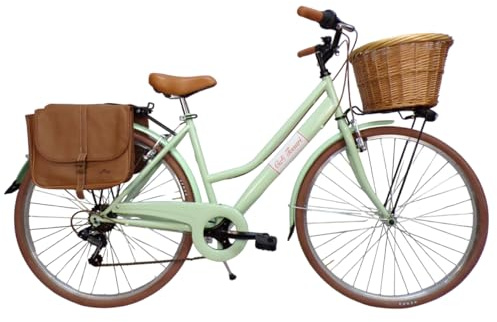 Cicli Tessari - bicicletta da donna bici da città city bike da passeggio 28'' con cambio vintage retro' cesto in vimini borse laterali (verde)