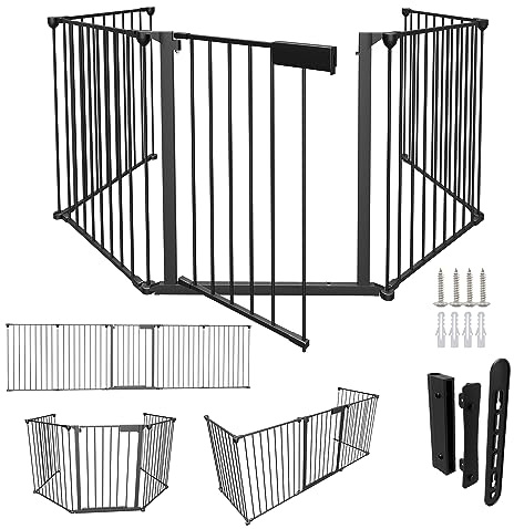Daromigo Kaminskyddsgaller, 310 cm, metallavstängningsgaller med dörr, ugnsskyddsgaller, lekhage, vikbart, djurskyddsgaller, babygaller, säkring inkl. 5 delar, svart