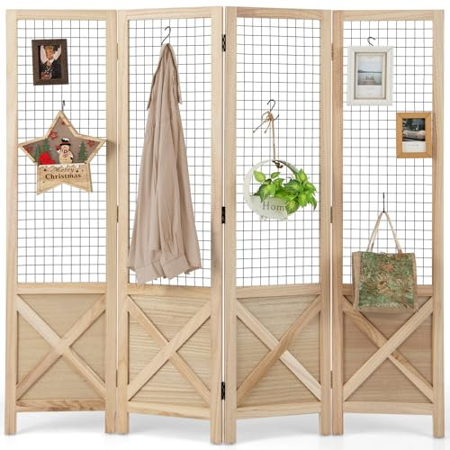 COSTWAY 4 Panel Folding Room Divider with Gridwall Display, Freestanding Decorative Wall Privacy Screen Protector, Solid Wood Room Partition Paravent Separator for Bedroom Living Room Store, 151x144cm