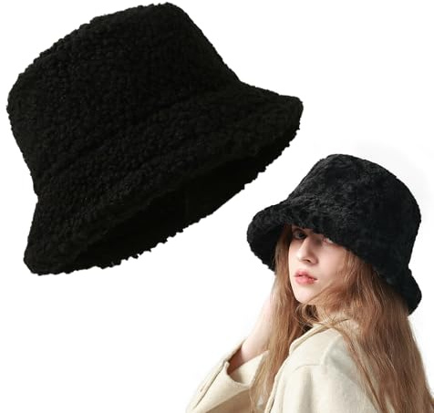 BNGXR Cappello da Pescatore Invernale, Fuzzy Bucket Hat Cappello a Secchiello in Pelliccia Sintetica Cappello da Pescatore in Peluche Spesso da Donna Cappello Caldo e soffice 56-58cm, Nero