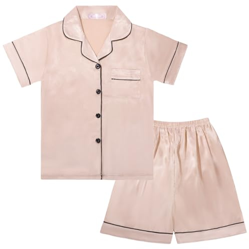Risipu Ensemble de Pyjama en Soie pour Enfants Unisexe à Manches Courtes de Couleur Unie pour Filles, champagne, 11-12 ans
