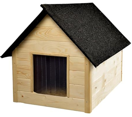 Woodok XL Niche pour chien en bois avec isolation - À monter soi-même et à peindre - Pour chiens jusqu'à 20 kg - Résistant aux intempéries - Avec toit en bitume - Avec rideau - Chêne imprégné en blanc